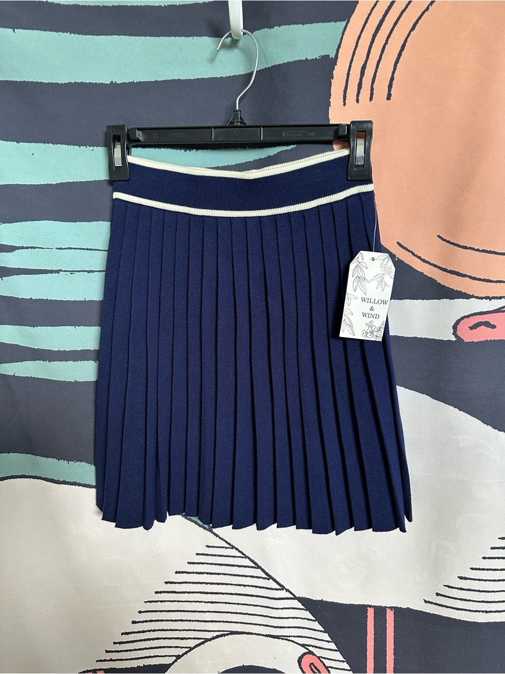 Willow & Wind Navy Pleated A-Line Skirt with Contrast Waistband